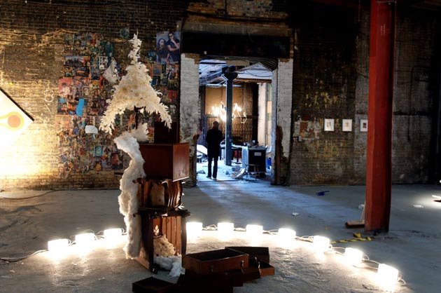 View of  Make Believe exhibition, including Jodie Careys' Furniture Arrangement II in an old warehouse just off Shoreditch High Street