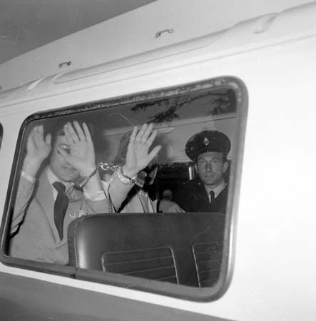 Mick Jagger and Robert Fraser driven from court, London