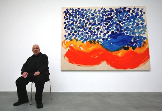 oward Hodgkin poses in front of his new oil on wood painting Where Seldom is Heard a Discouraging Word