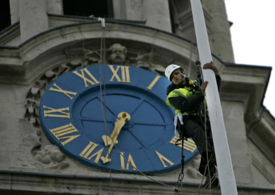 A worker on the tower at St Martin-in-the-Fields