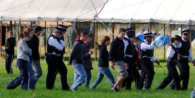 Police officers and protestors