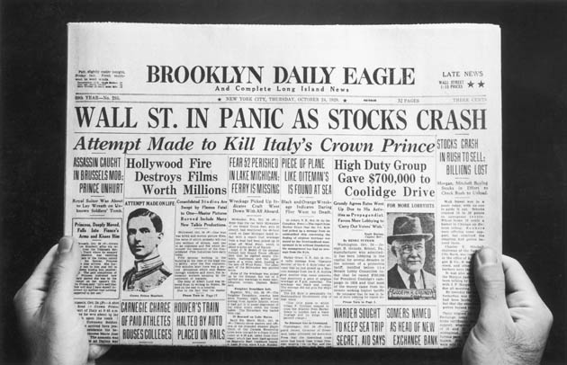 The front page of the Brooklyn Daily Eagle, published on the day of the initial Wall Street Crash, known as Black Thursday