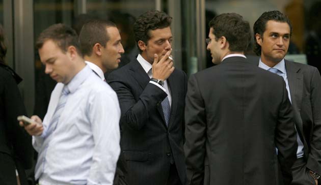 Workers outside Lehman Brothers in Canary Wharf