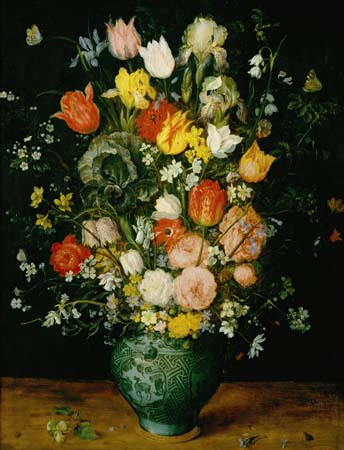 Painting of tulips in a blue vase