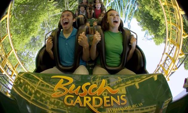People ride rollercoaster at Busch Gardens park in Virginia