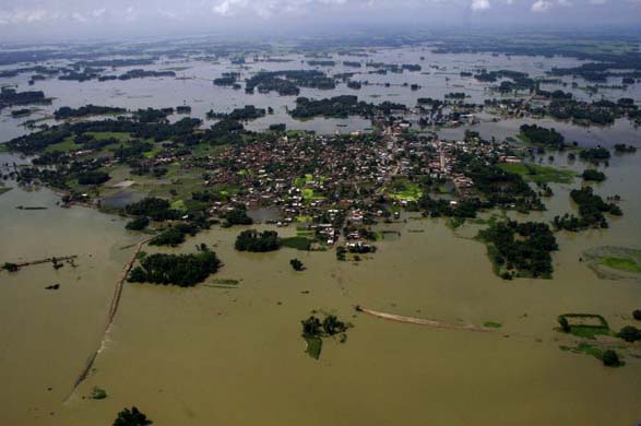 An aerial view of flooded Supual