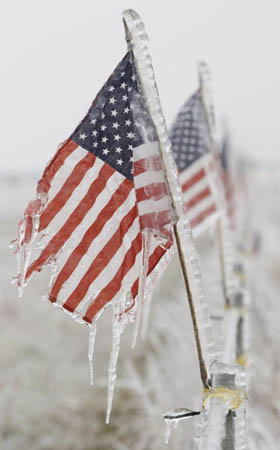 A row of flags is coated with ice