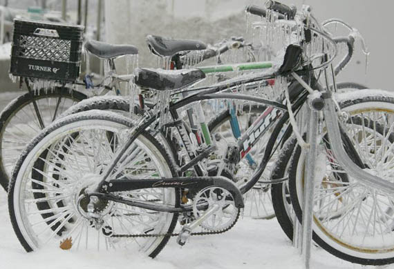 University bicycles covered in ice