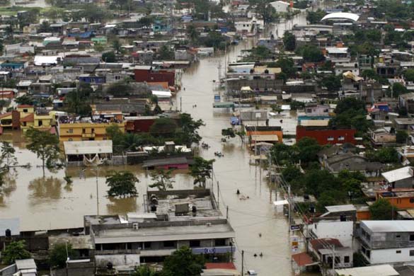 Aerial view of Villahermosa and the flooded streets and houses