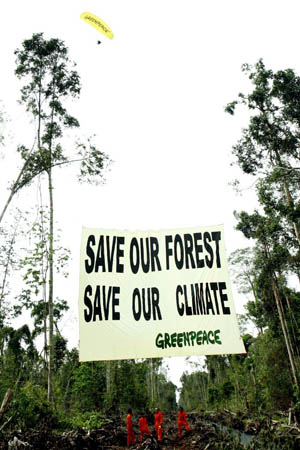 Greenpeace activists displaying a banner reading 'Save our forest, save our climate'
