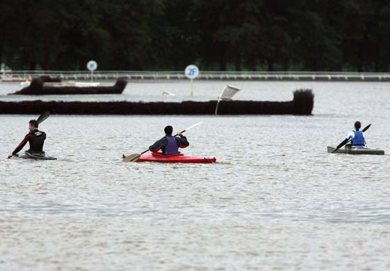 Canoes on flooded Worcester racecourse