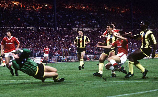 Lee Martin scores the winner in the 1990 FA Cup final replay with Crystal Palace