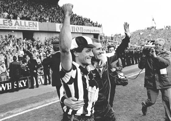 Kevin Keegan celebrates with manager Arthur Cox