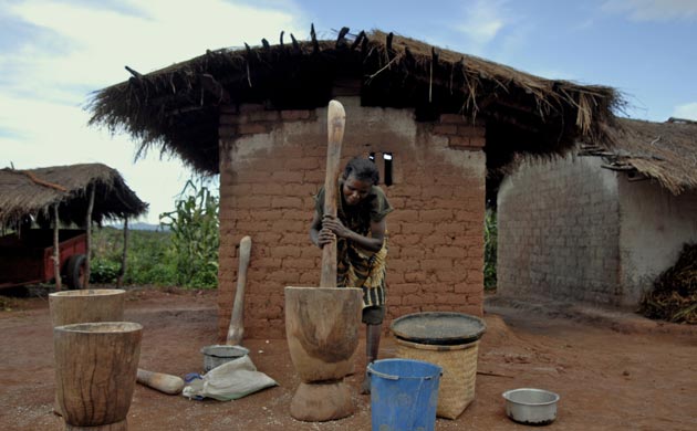 A woman pounds maize grain