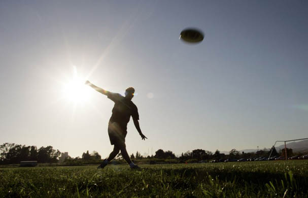 Members of the Ultimate Frisbee team practice at the University of California, Santa Barbara