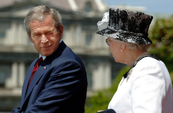 George Bush winking at Queen Elizabeth II