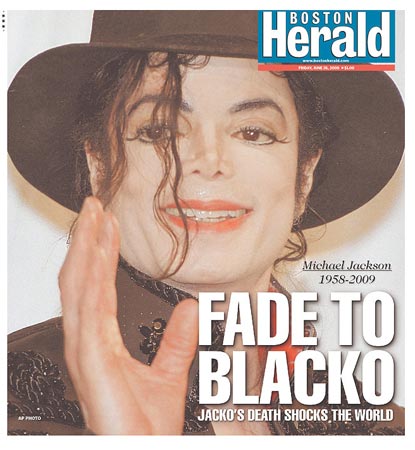 Michael Jackson's death on the cover of the Boston Herald