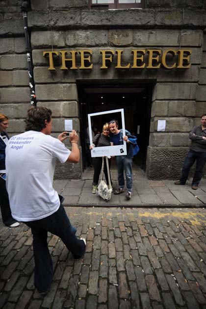 Posing for pictures Outside the Fleece and Firkin