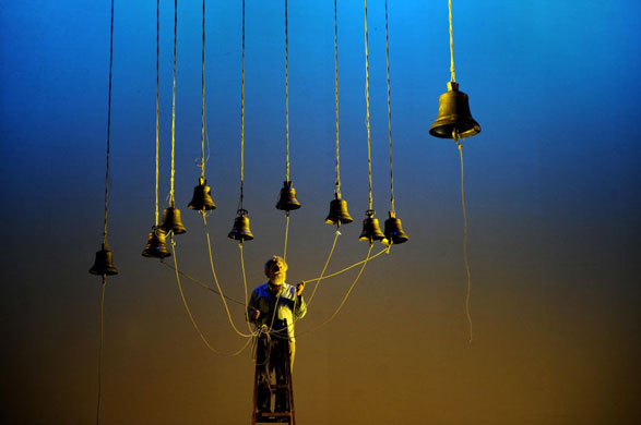 Seville, Spain: Llorenc Barber playing bells during a rehearsal by flamenco dancer Andres Martin during the XV Biennale of Seville