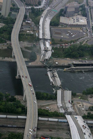 A collapsed portion of the bridge