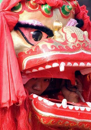 A dancer peers out from a lion head