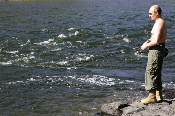 Putin fishing in the Yenisei river