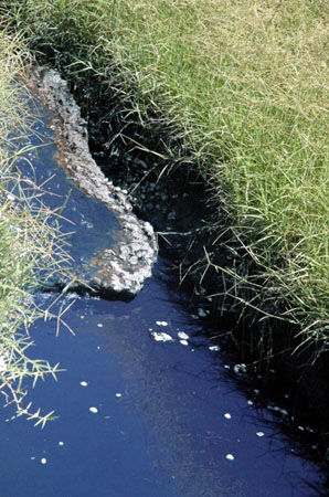 Blue water waste from the Lavacolor jeans laundry