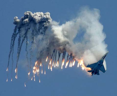 A military aircraft takes part in the International Aviation and Space Salon at Zhukovsky airfield