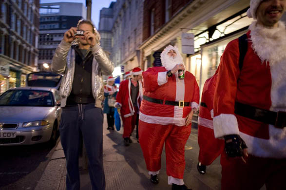 Santacon flash mob event in Soho