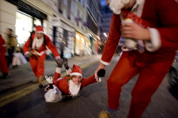 Santacon flash mob event in Soho