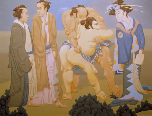 Sumo wrestlers and kabuki performer