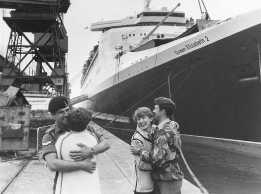 Lance-Corporal Michael Hearn (left) and his brother Lance-Corporal Gary Hearn says goodbye before departing from Southampton for the Falkland Islands on board the QE2