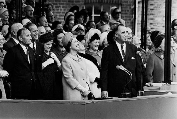 Queen Elizabeth II and Dr. John Rannie attend the launching of the QE2