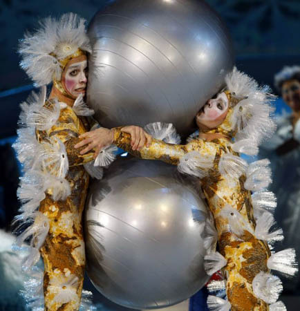 Cirque du Soleil performers act during a dress rehearsal for the world premiere of the new production of 'Wintuk'