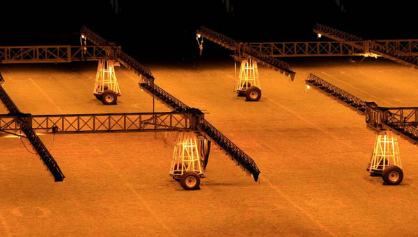 Powerful lights are used on the Wembley pitch as it recovers from the NFL Bridgestone International Series match