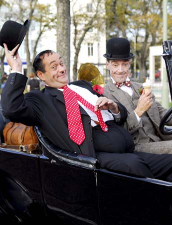 People dressed up as Laurel and Hardy