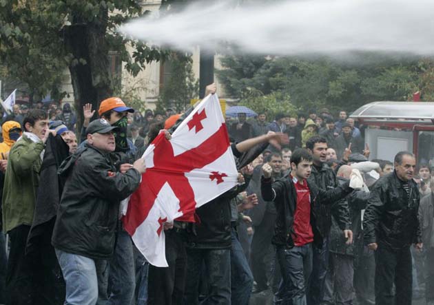 Police with water cannons