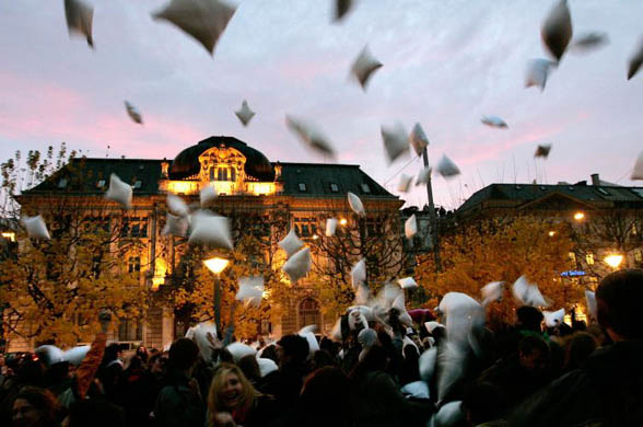 Hundreds of young people taking part in a pillow figh