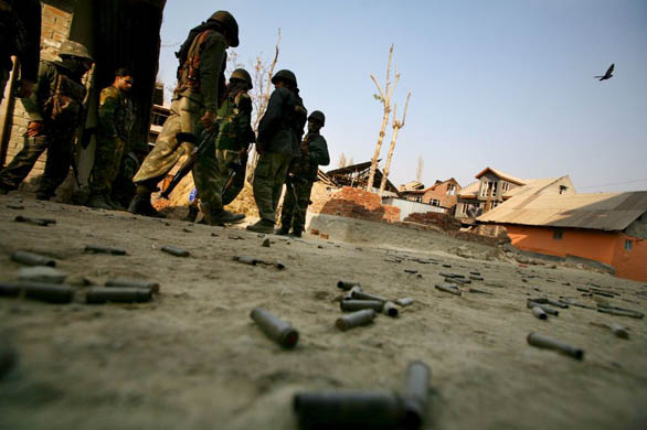 Empty bullet cartridges on the ground after a 50 hour-long gunbattle between separatist militants and Indian army soldiers