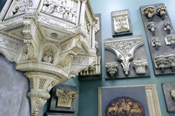 A carved cast of the pulpit from Santa Croce in Florence hangs from the wall in the Carnegie museum of art's hall of architecture