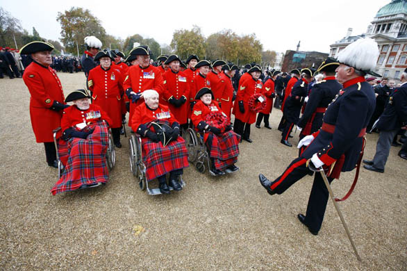 Chelsea Pensioners join other veterans as they assemble on Horse Guards parade