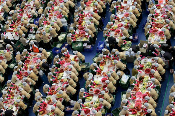 Yakult Company workers make Kimchi, a traditional Korean side-dish