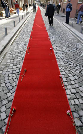 A red carpet is placed in the street near the Neve Shalom synagogue during a commemoration ceremony for the 2003 suicide attack on the synagogue