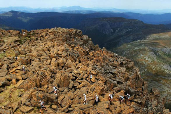 Competitors trek to the summit of Cradle mountain on day one of the Mark Webber Pure Tasmania Challenge 2007 race