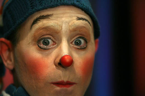 A clown from Le Cirque du Soleil during a press conference 