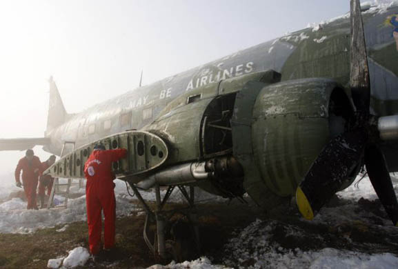French engineers disassemble a US army air force Douglas C-47 in Rajlovac airbase