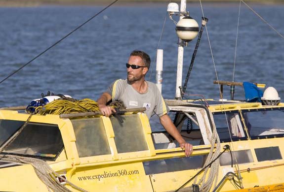 Jason Lewis in his pedalo boat, Moksha