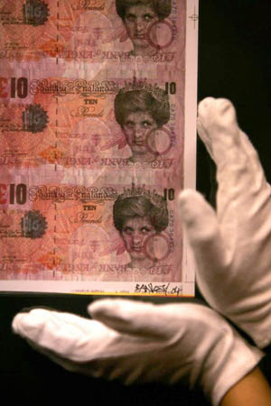 'Di Faced Tenners', one of ten Banksy pieces on display in Bonhams auction house