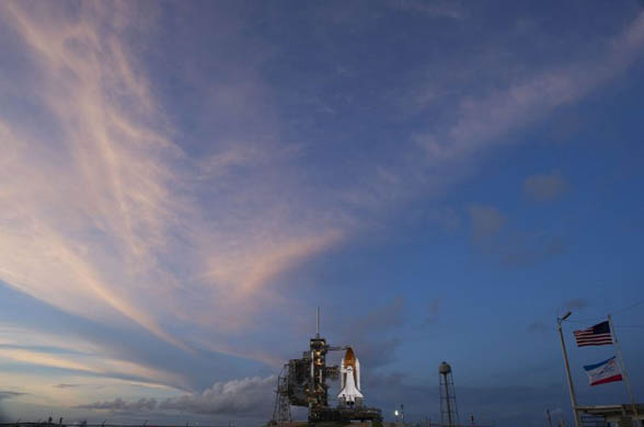 The space shuttle Discovery sits on launch pad 39A at the Kennedy space centre
