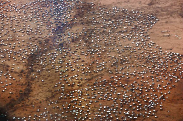 An aerial view of a Sudanese refugee camp